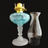 Three Face Oil Lamp Aqua Opalescent over Etched Crystal Glass