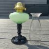 Three Face Oil Lamp Green Jadeite over Black Raspberry Glass
