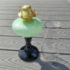 Three Face Oil Lamp Green Jadeite over Black Raspberry Glass - Image 2