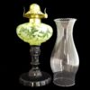 Three Face Oil Lamp Vaseline Opalescent over Black Raspberry Glass